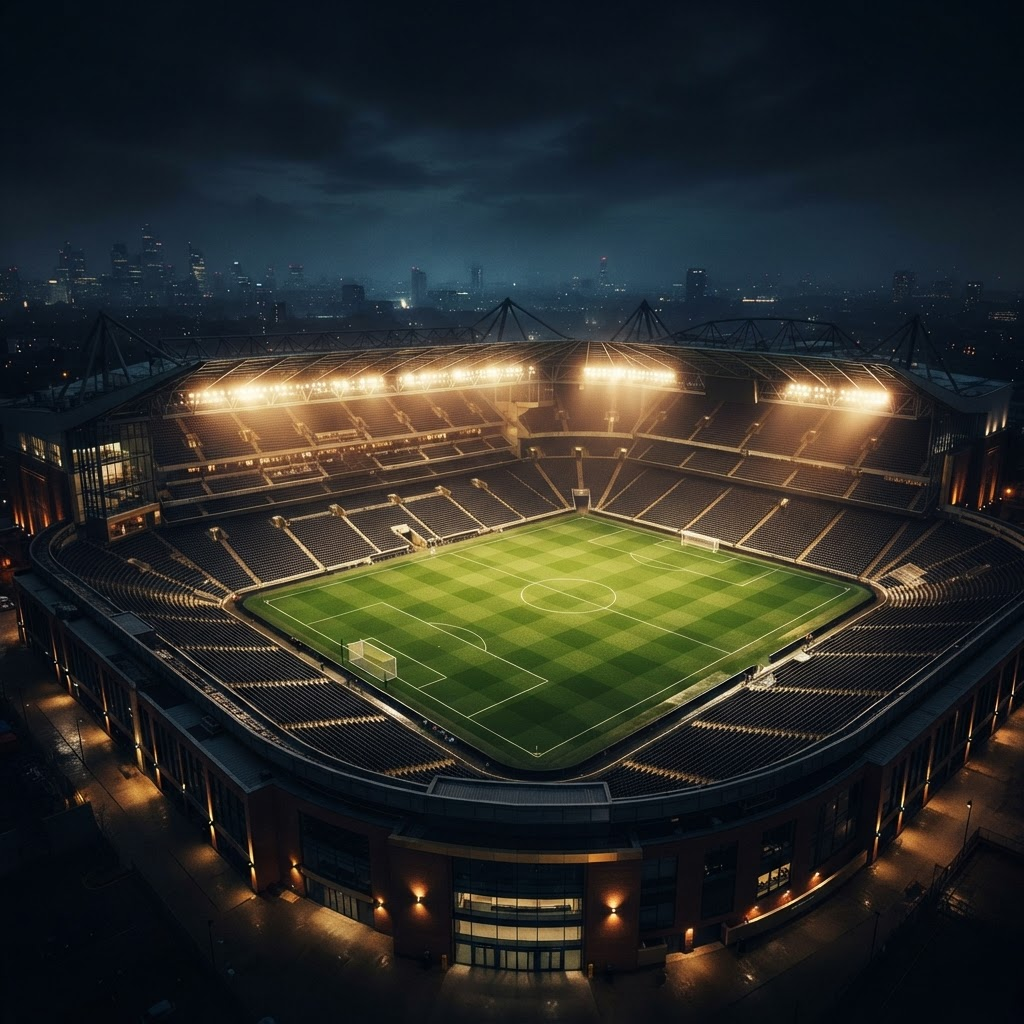 Premier League stadium under floodlights at night