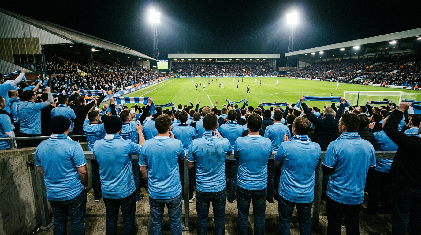 City supporters in sky-blue shirts watching from a floodlit stand
