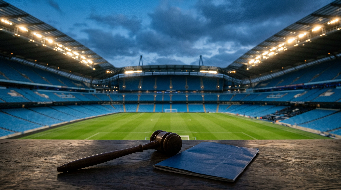 A judge's gavel in front of a sky-blue football stadium at dusk