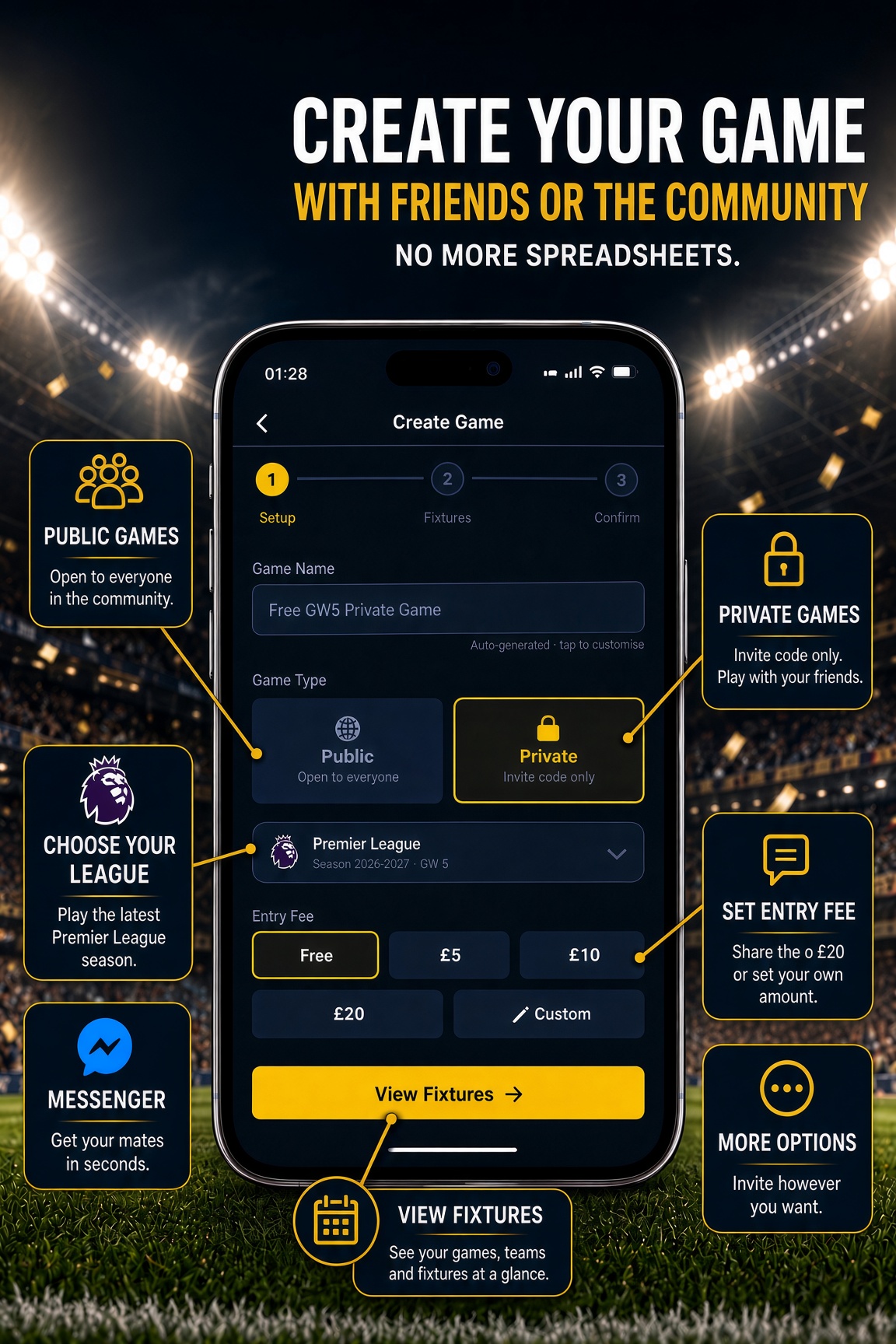 Create Game setup screen with public and private options, league and entry fee.