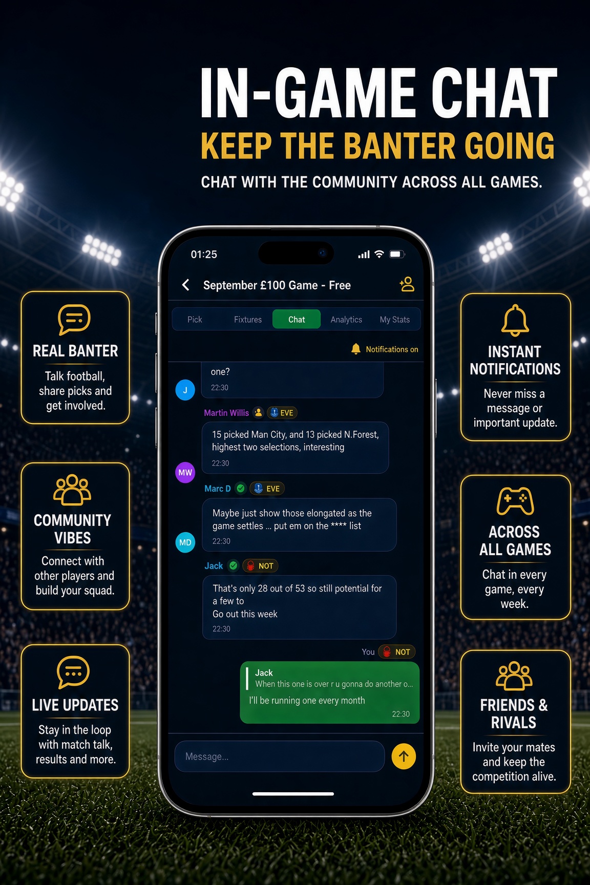 In-game chat screen with live messages between players in a Last Man Standing game.