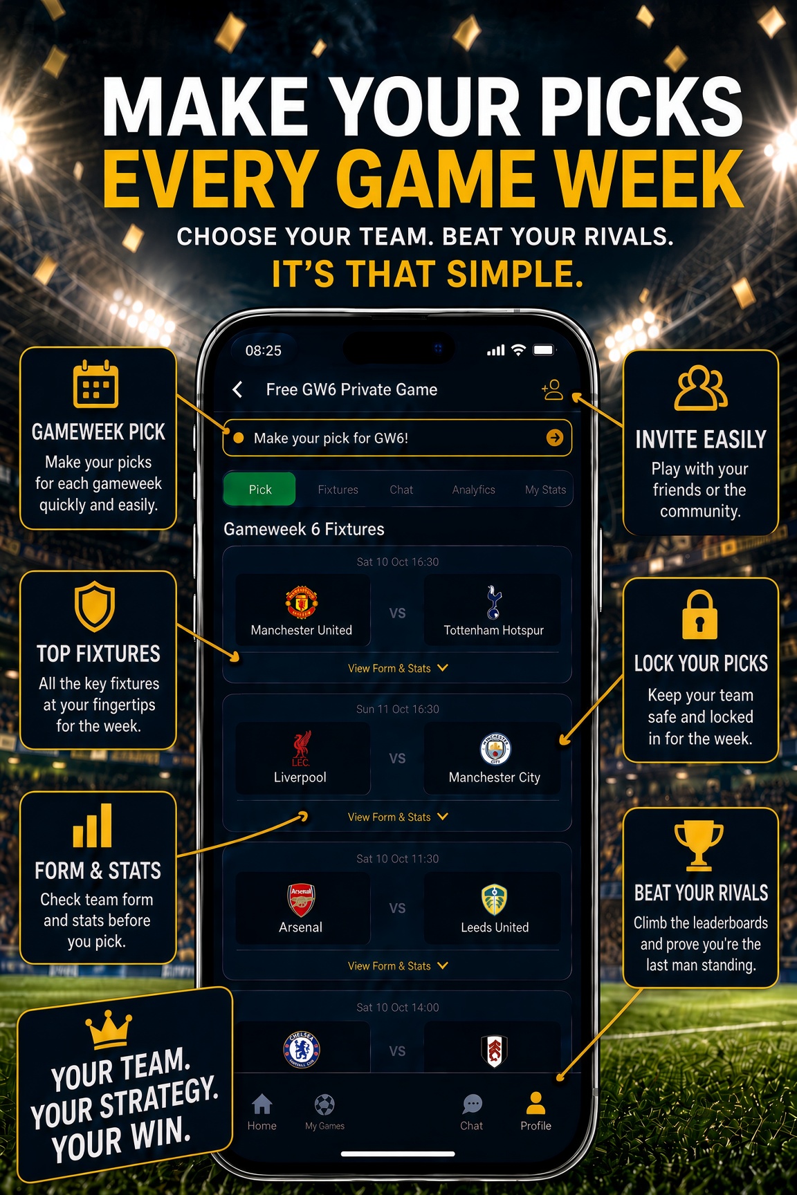 Last Man Standing pick screen showing the gameweek fixtures ready to choose a team.