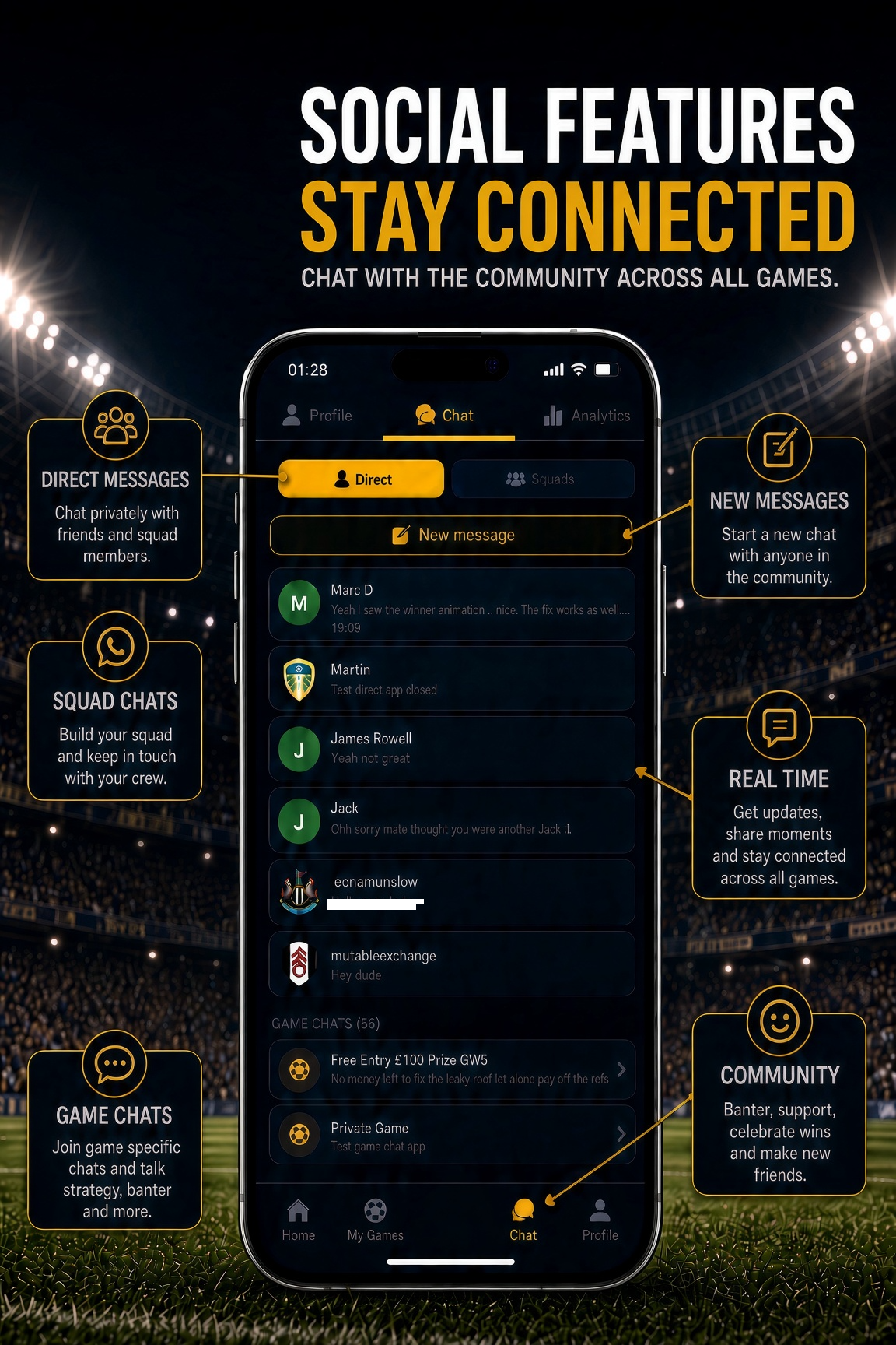 Social tab showing direct messages, squad chats and game chats in one place.